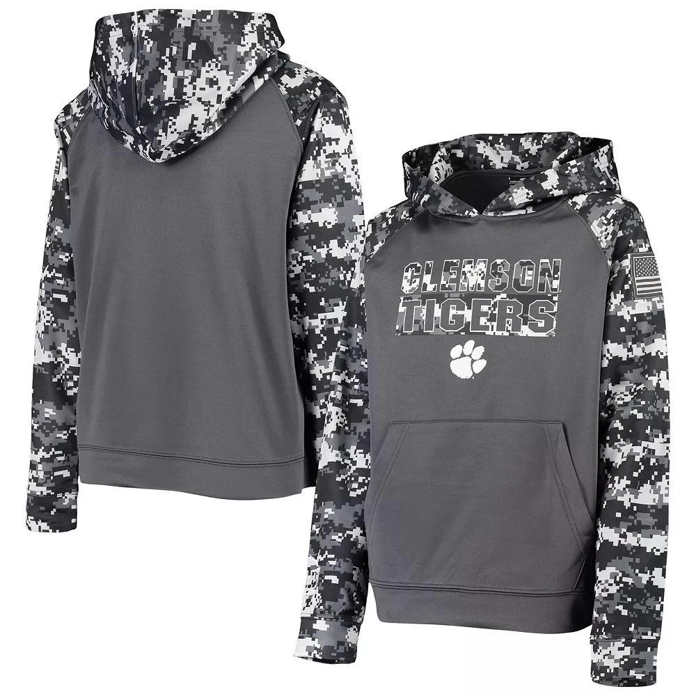 Youth Colosseum Charcoal Clemson Tigers OHT Military Appreciation Digital Camo Raglan Pullover Hoodie - Image 2