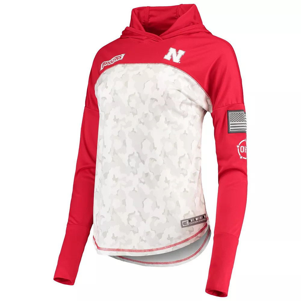 Women's Colosseum Gray/Scarlet Nebraska Huskers OHT Military Appreciation Mission Arctic Camo Hoodie Long Sleeve T-Shirt - Image 3