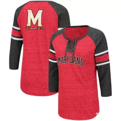 Women's Colosseum Red/Heathered Charcoal Maryland Terrapins Scienta Pasadena Raglan 3/4 Sleeve Lace-Up T-Shirt