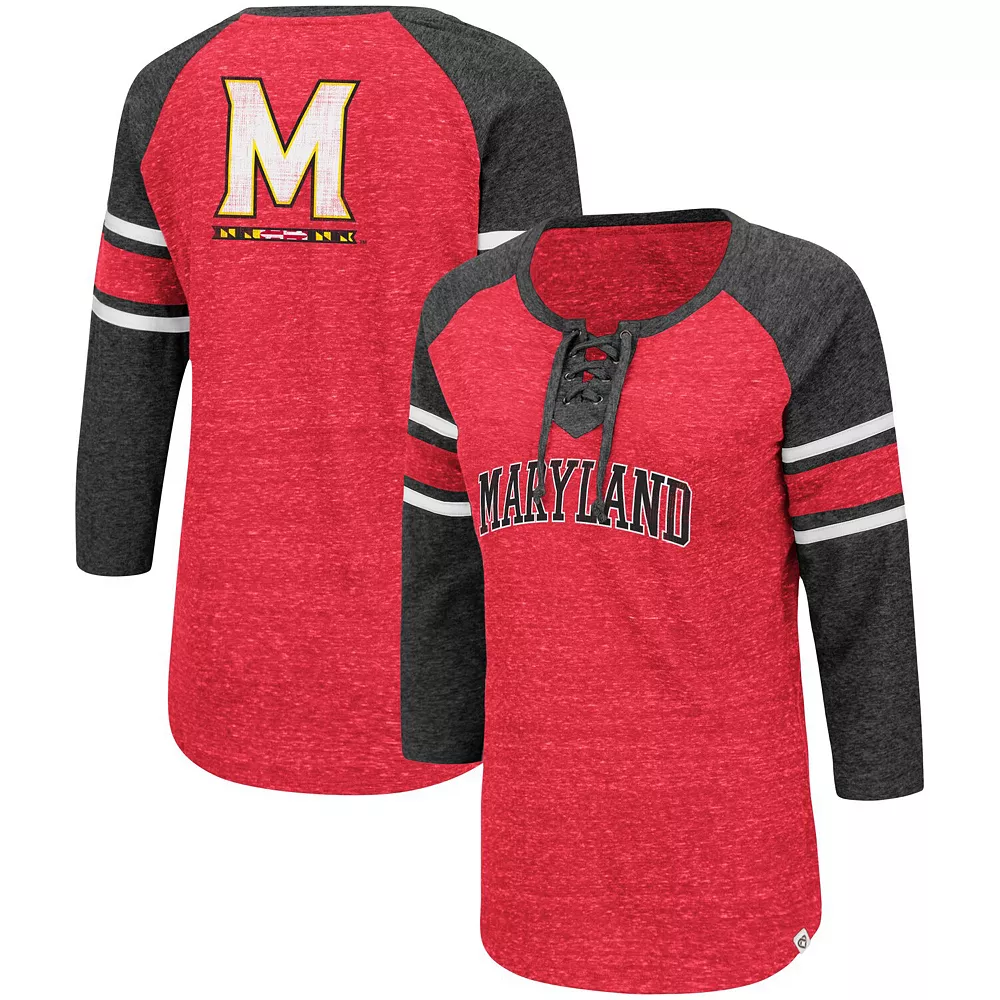Women's Colosseum Red/Heathered Charcoal Maryland Terrapins Scienta Pasadena Raglan 3/4 Sleeve Lace-Up T-Shirt