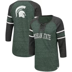 Women's Colosseum Green/Heathered Charcoal Arkansas Razorbacks Scienta Pasadena Raglan 3/4 Sleeve Lace-Up T-Shirt