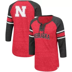 Women's Colosseum Scarlet/Heathered Charcoal Nebraska Huskers Scienta Pasadena Raglan 3/4 Sleeve Lace-Up T-Shirt