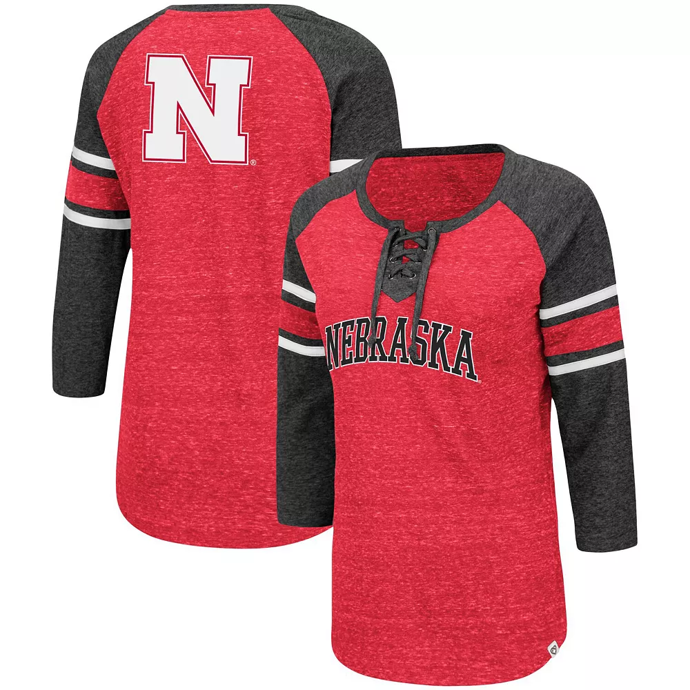 Women's Colosseum Scarlet/Heathered Charcoal Nebraska Huskers Scienta Pasadena Raglan 3/4 Sleeve Lace-Up T-Shirt