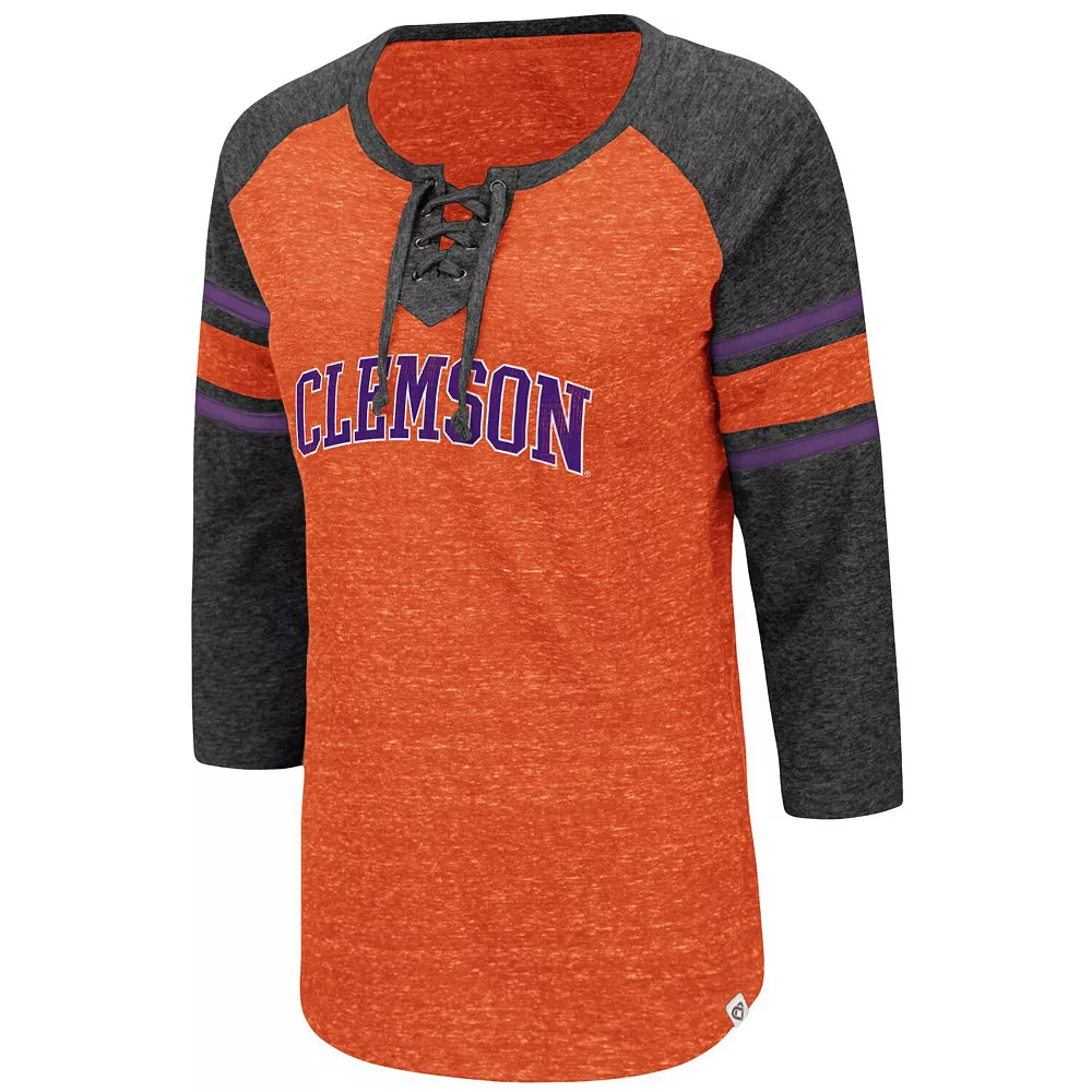 Women's Colosseum Orange/Heathered Charcoal Clemson Tigers Scienta Pasadena Raglan 3/4 Sleeve Space Dye Lace-Up T-Shirt - Image 3