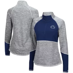 Women's Colosseum Heathered Gray/Navy Penn State Nittany Lions Color Block Space-Dye Raglan Quarter-Zip Top