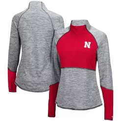 Women's Colosseum Heathered Gray/Scarlet Nebraska Huskers Color Block Space-Dye Raglan Quarter-Zip Top