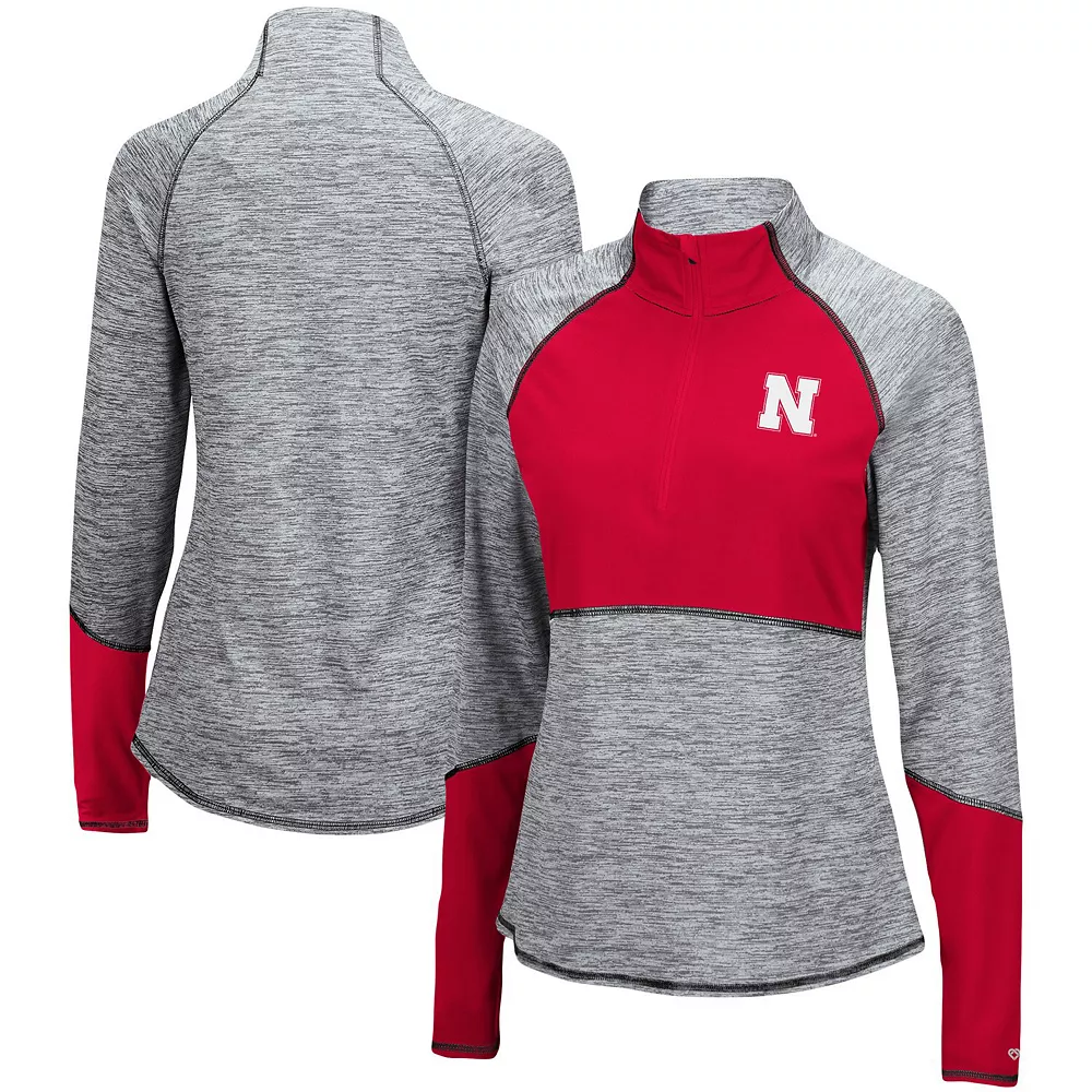 Women's Colosseum Heathered Gray/Scarlet Nebraska Huskers Color Block Space-Dye Raglan Quarter-Zip Top