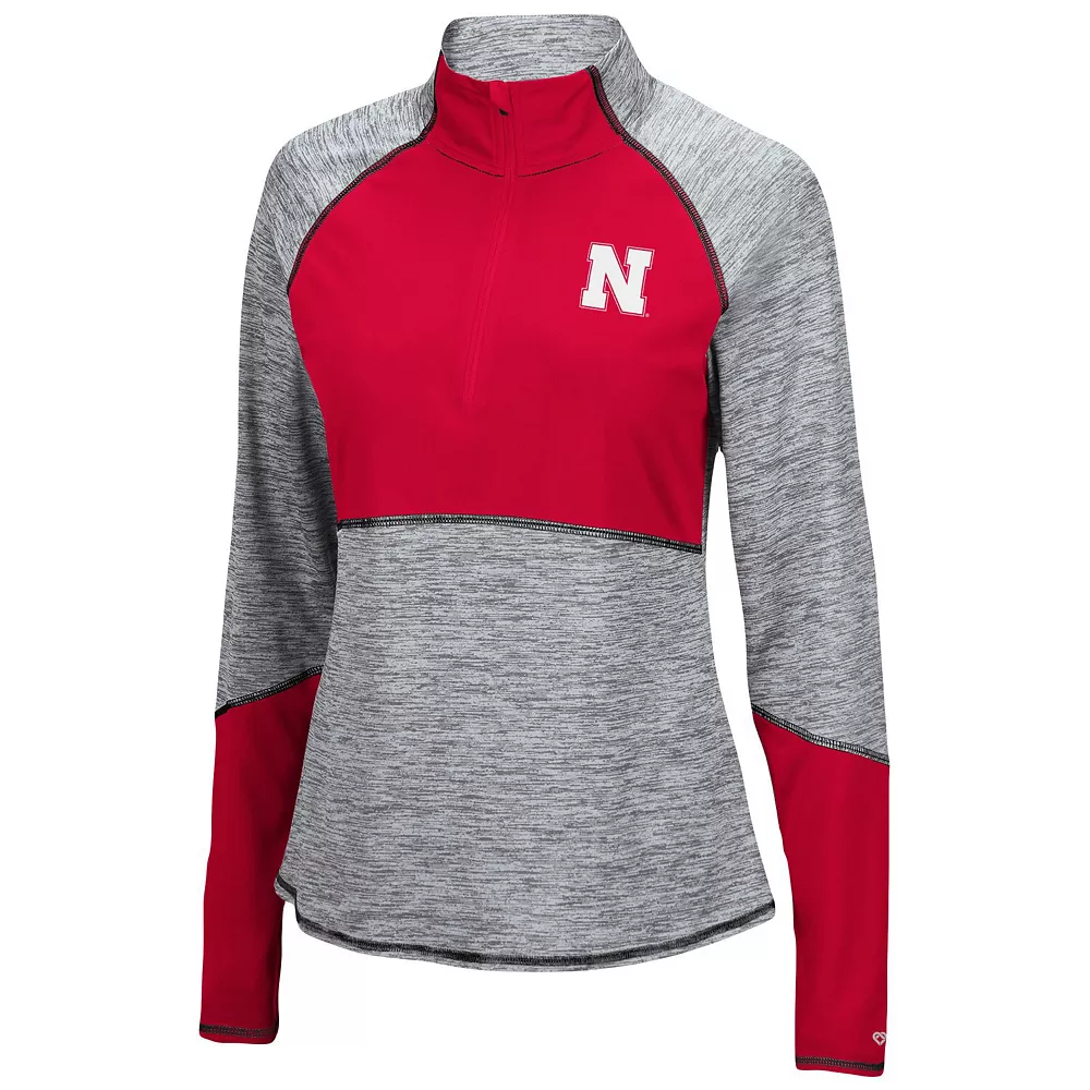Women's Colosseum Heathered Gray/Scarlet Nebraska Huskers Color Block Space-Dye Raglan Quarter-Zip Top - Image 3