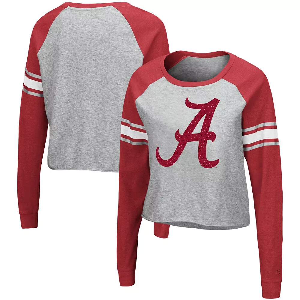 Women's Colosseum Heathered Gray/Crimson Alabama Crimson Tide Decoder Pin Raglan Long Sleeve T-Shirt - Image 2