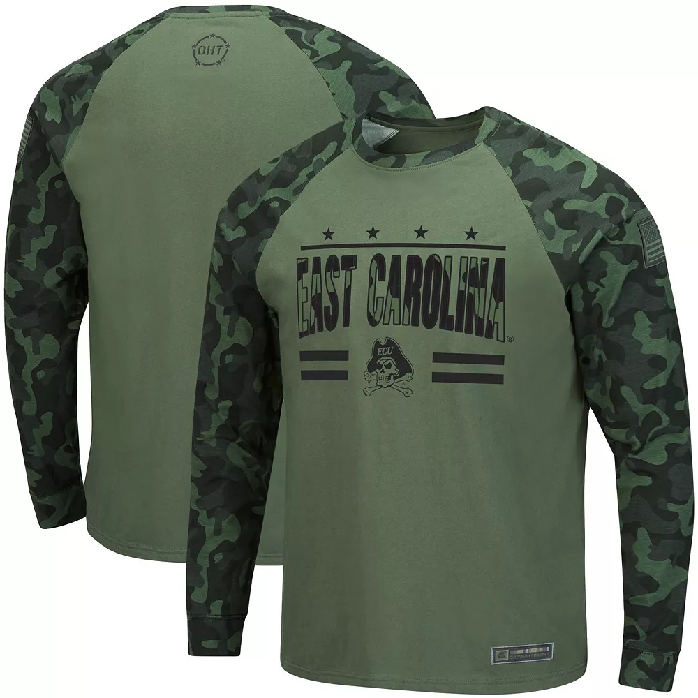 Men's Colosseum Olive/Camo ECU Pirates OHT Military Appreciation Raglan Long Sleeve T-Shirt