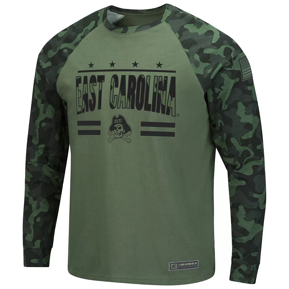 Men's Colosseum Olive/Camo ECU Pirates OHT Military Appreciation Raglan Long Sleeve T-Shirt - Image 3