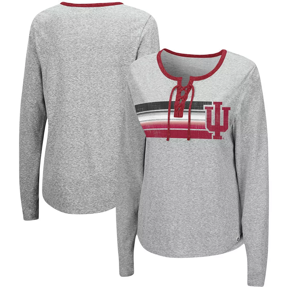 Women's Colosseum Heathered Gray Indiana Hoosiers Sundial Tri-Blend Long Sleeve Lace-Up T-Shirt - Image 2