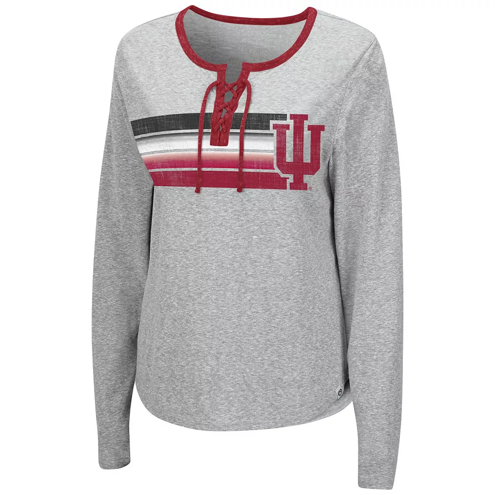 Women's Colosseum Heathered Gray Indiana Hoosiers Sundial Tri-Blend Long Sleeve Lace-Up T-Shirt - Image 3