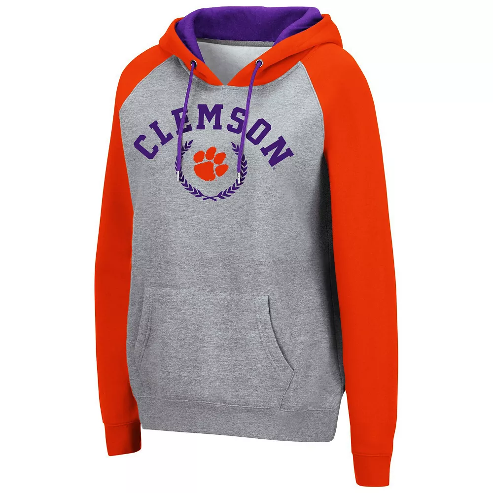 Women's Colosseum Heathered Gray Clemson Tigers Contrast Raglan Pullover Hoodie - Image 3