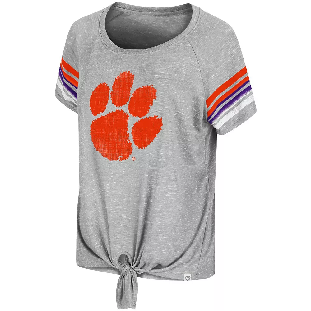 Women's Colosseum Heathered Gray Clemson Tigers Boo You Knotted Raglan T-Shirt - Image 3