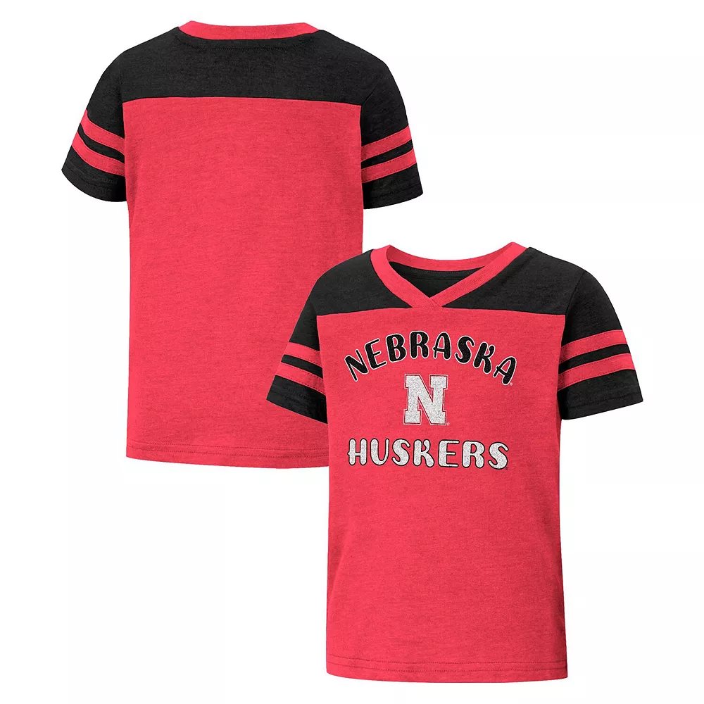 Girls Toddler Colosseum Scarlet Nebraska Huskers Piecrust Promise Striped V-Neck T-Shirt - Image 2