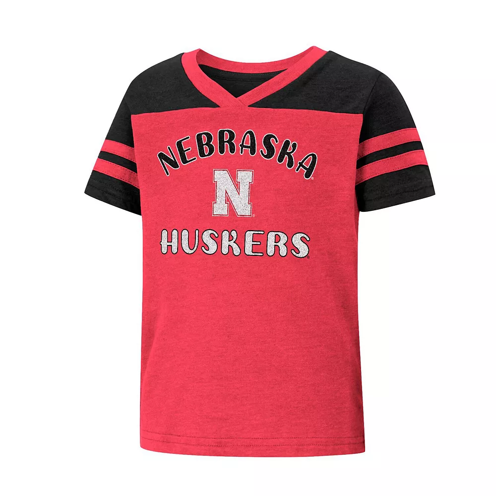 Girls Toddler Colosseum Scarlet Nebraska Huskers Piecrust Promise Striped V-Neck T-Shirt - Image 3