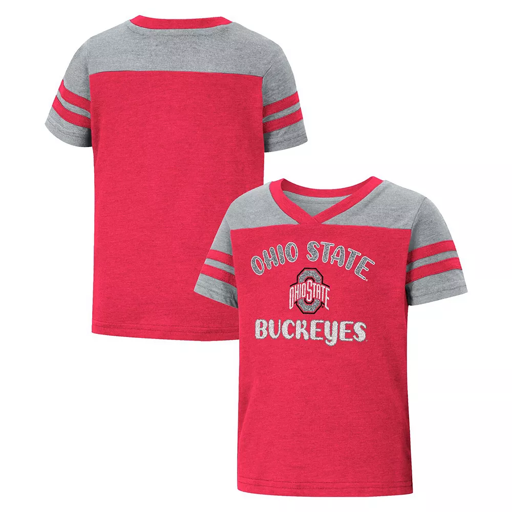 Girls Toddler Colosseum Scarlet/Heathered Gray Ohio State Buckeyes Piecrust Promise Striped V-Neck T-Shirt - Image 2