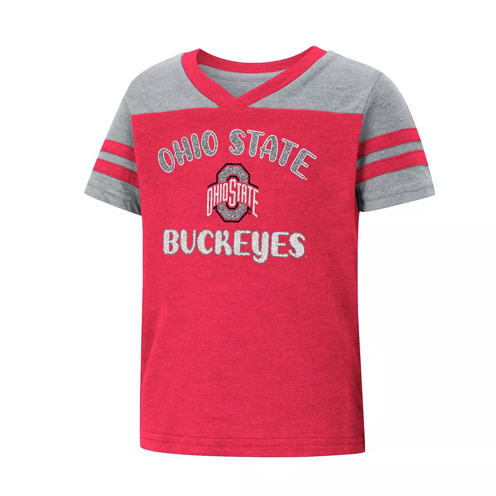 Girls Toddler Colosseum Scarlet/Heathered Gray Ohio State Buckeyes Piecrust Promise Striped V-Neck T-Shirt - Image 3