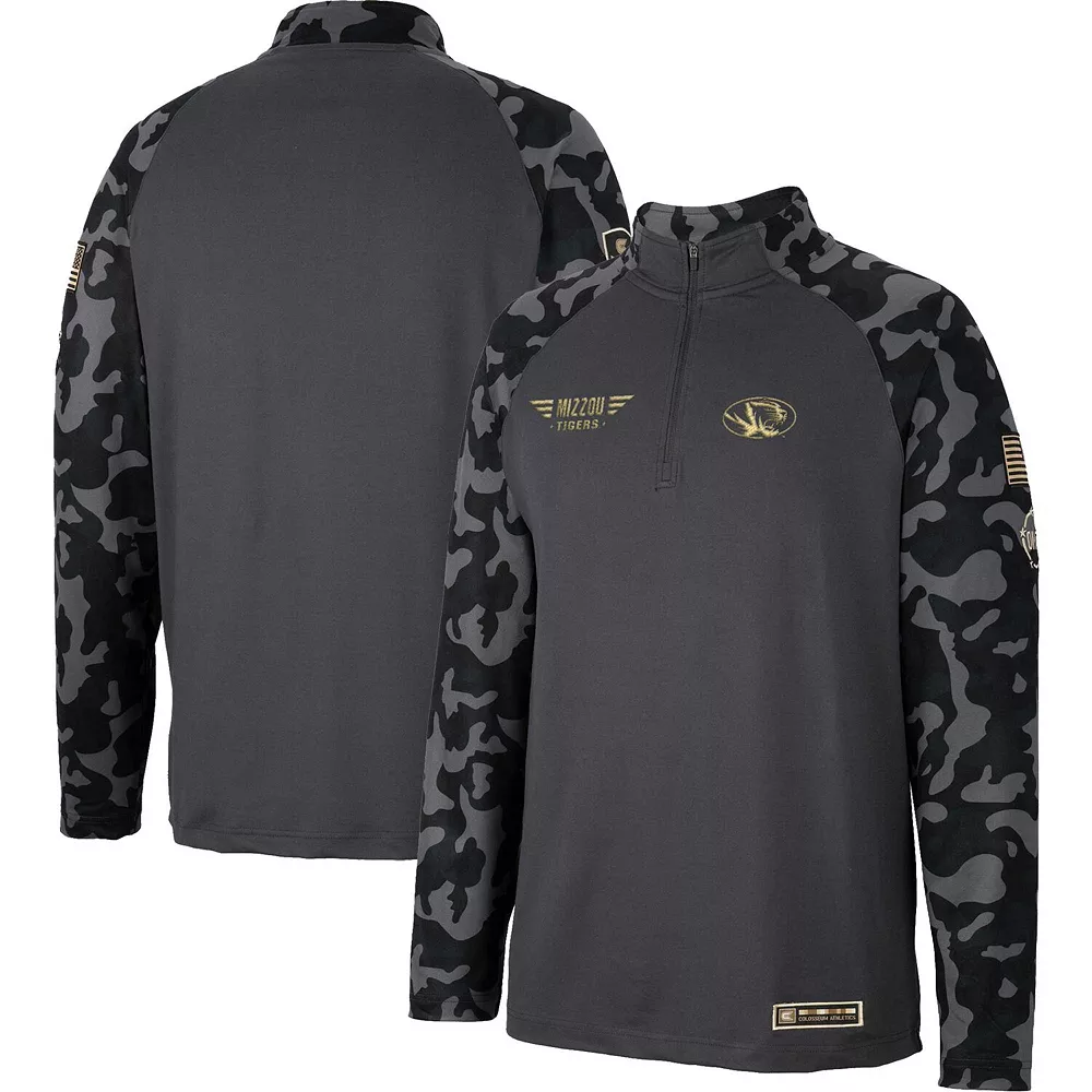 Men's Colosseum Charcoal Missouri Tigers OHT Military Appreciation Long Range Raglan Quarter-Zip Jacket