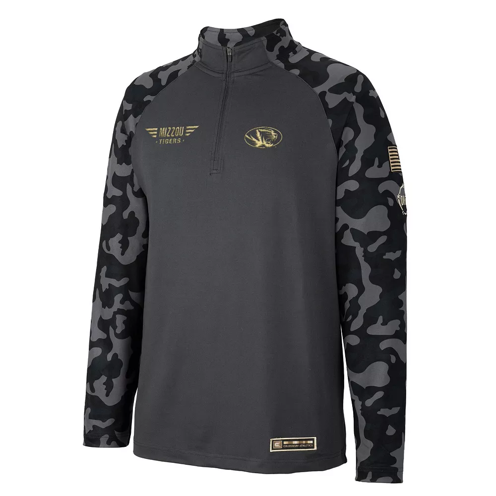 Men's Colosseum Charcoal Missouri Tigers OHT Military Appreciation Long Range Raglan Quarter-Zip Jacket - Image 3