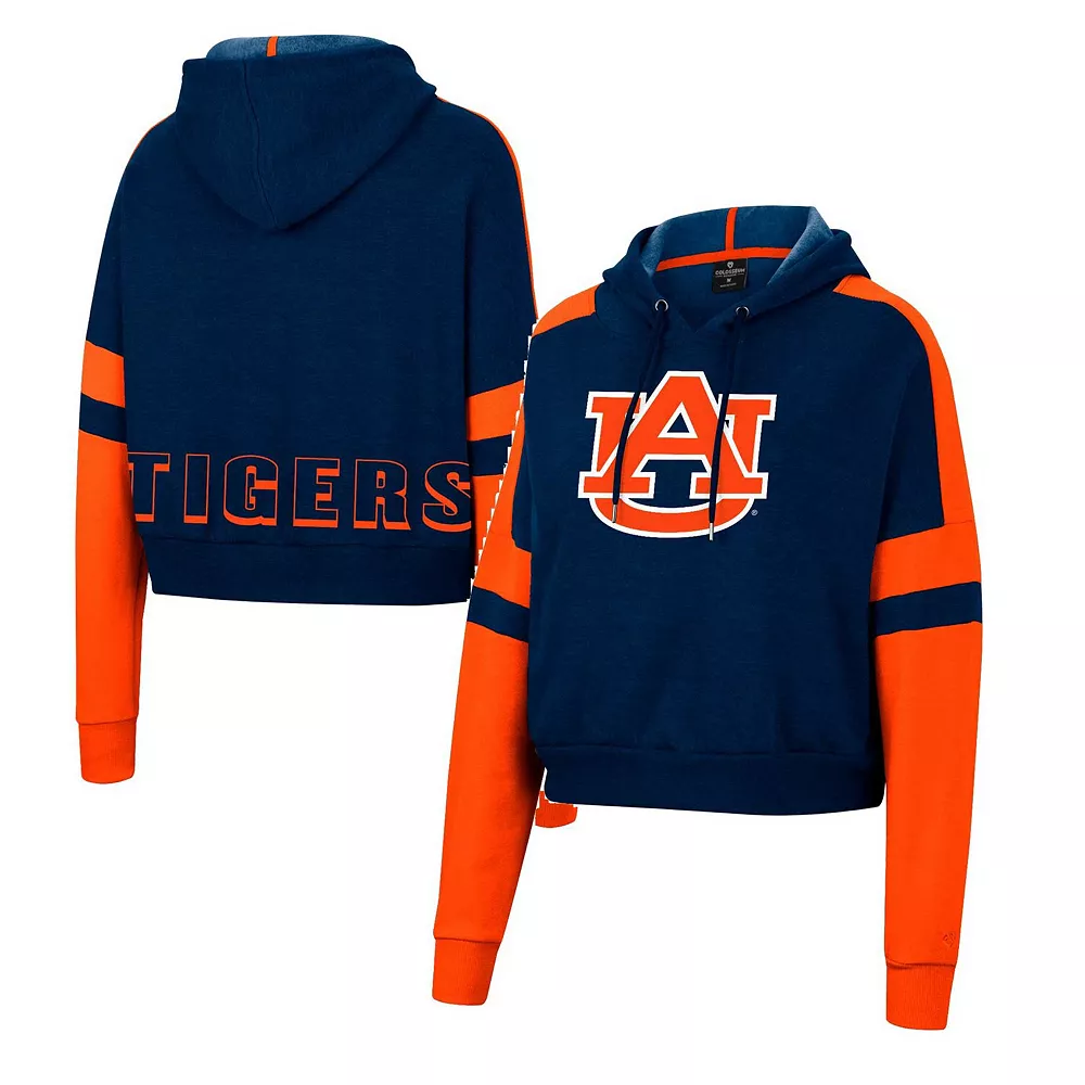 Women's Colosseum Navy Auburn Tigers Throwback Stripe Arch Logo Cropped Pullover Hoodie