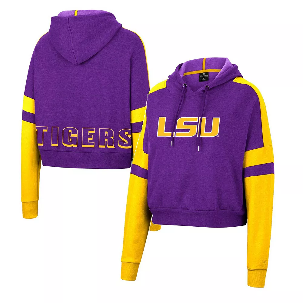 Women's Colosseum Purple LSU Tigers Throwback Stripe Arch Logo Cropped Pullover Hoodie - Image 2