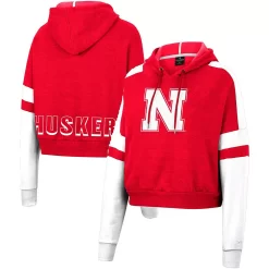 Women's Colosseum Scarlet Nebraska Huskers Throwback Stripe Arch Logo Cropped Pullover Hoodie