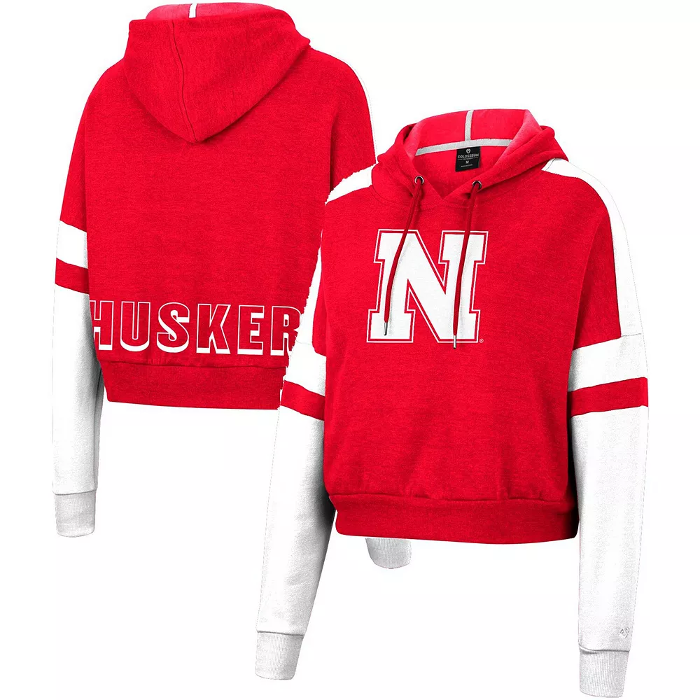 Women's Colosseum Scarlet Nebraska Huskers Throwback Stripe Arch Logo Cropped Pullover Hoodie