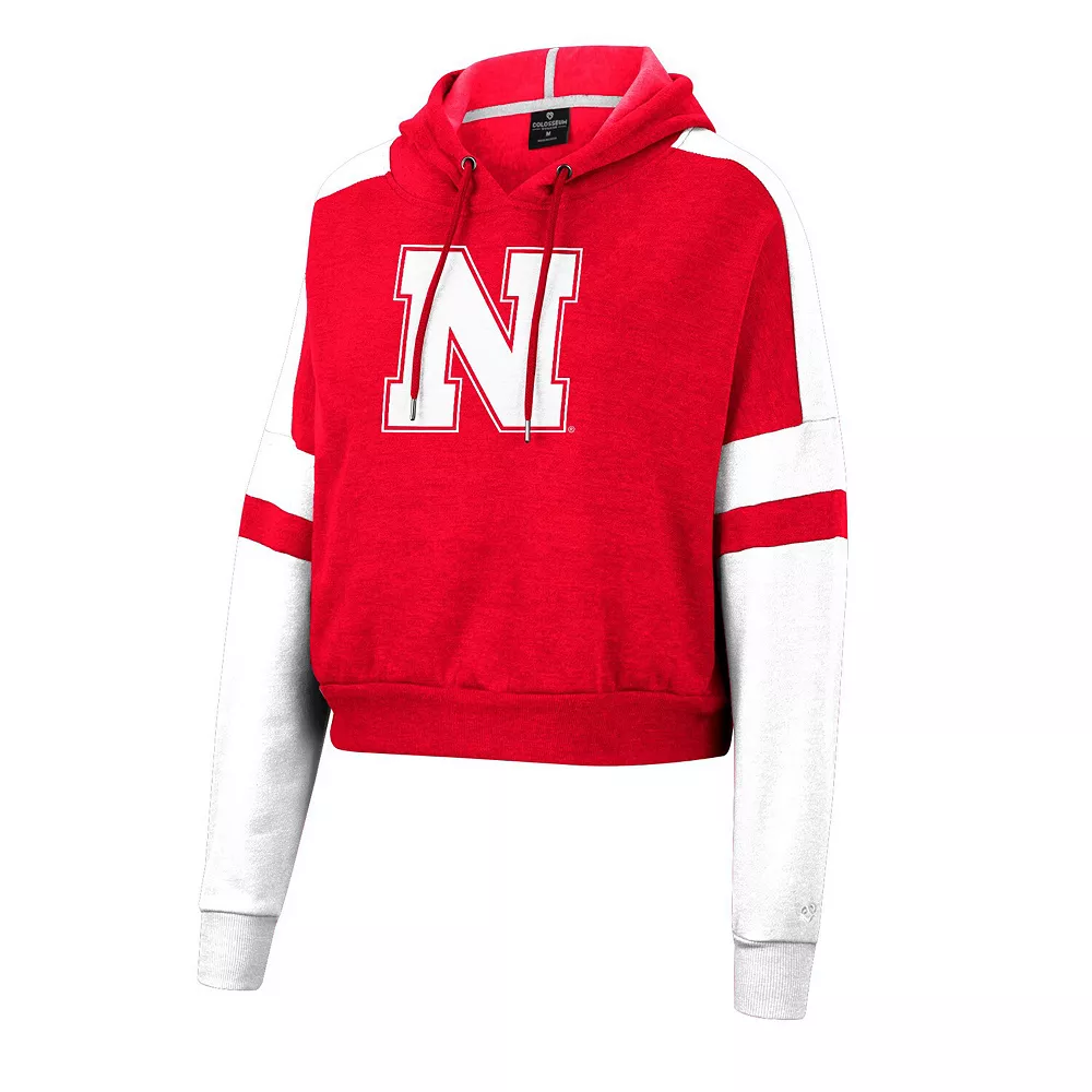 Women's Colosseum Scarlet Nebraska Huskers Throwback Stripe Arch Logo Cropped Pullover Hoodie - Image 3