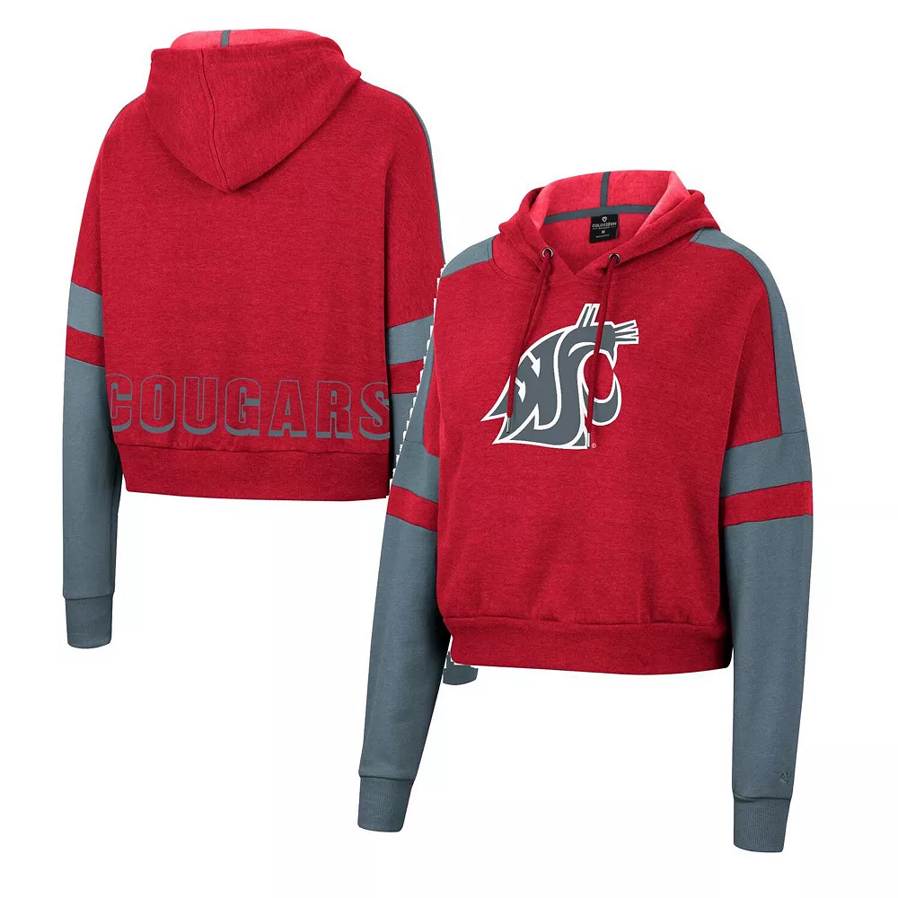 Women's Colosseum Crimson Washington State Cougars Throwback Stripe Arch Logo Cropped Pullover Hoodie - Image 2