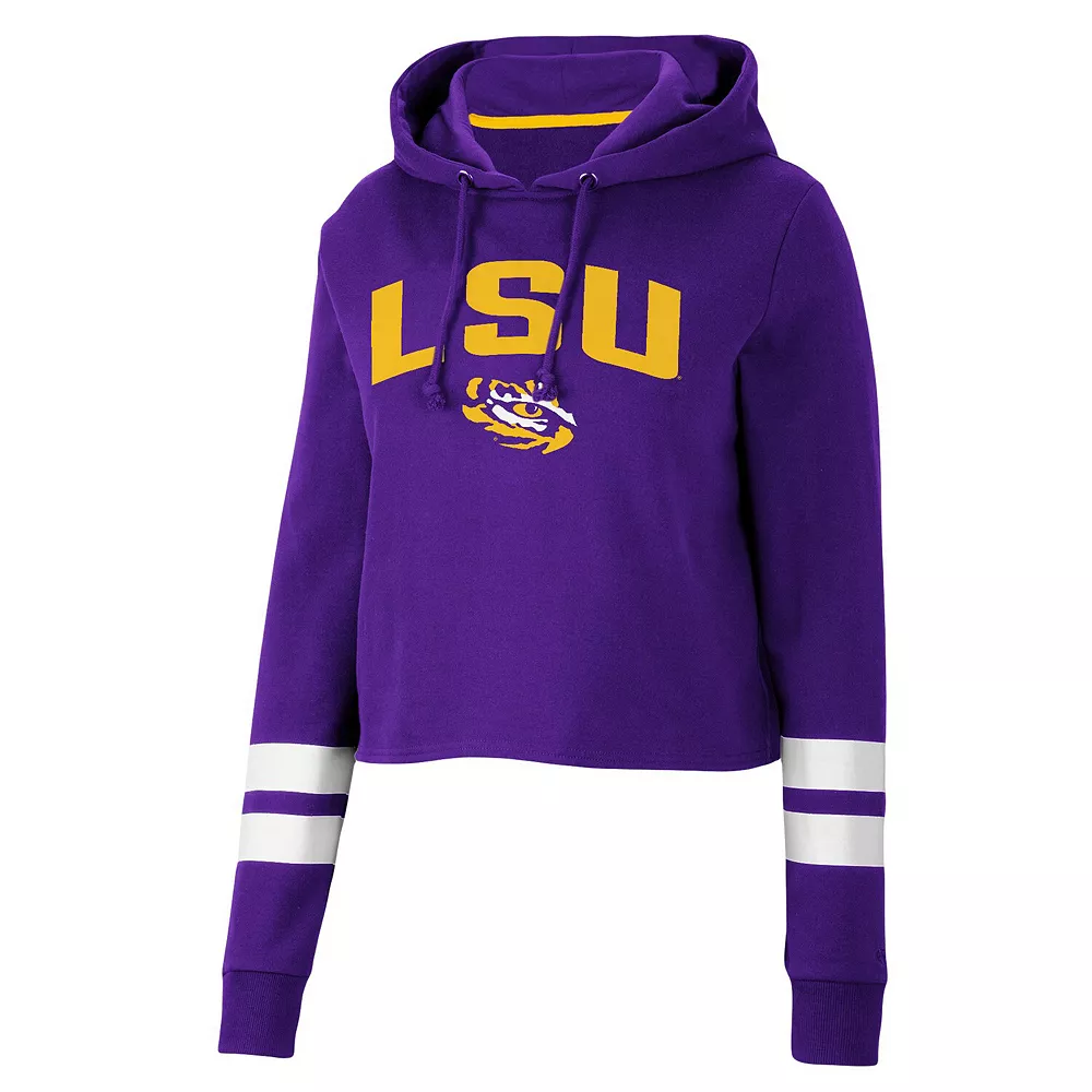 Women's Colosseum Purple LSU Tigers Throwback Stripe Cropped Pullover Hoodie - Image 3