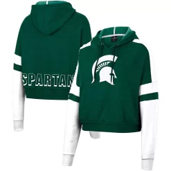Women's Colosseum Green Michigan State Spartans Throwback Stripe Arch Logo Cropped Pullover Hoodie