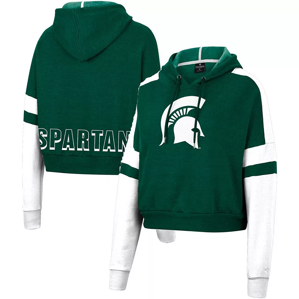 Women's Colosseum Green Michigan State Spartans Throwback Stripe Arch Logo Cropped Pullover Hoodie