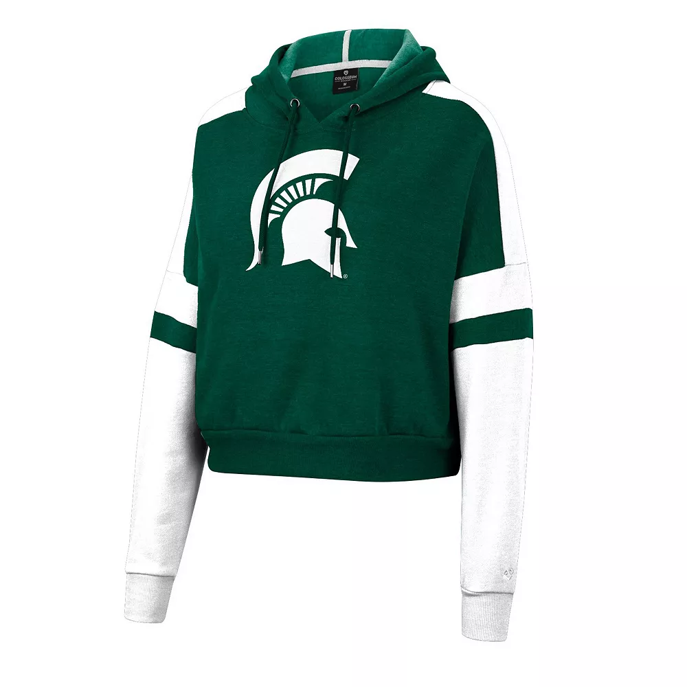 Women's Colosseum Green Michigan State Spartans Throwback Stripe Arch Logo Cropped Pullover Hoodie - Image 3