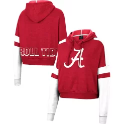 Women's Colosseum Crimson Alabama Crimson Tide Throwback Stripe Arch Logo Cropped Pullover Hoodie