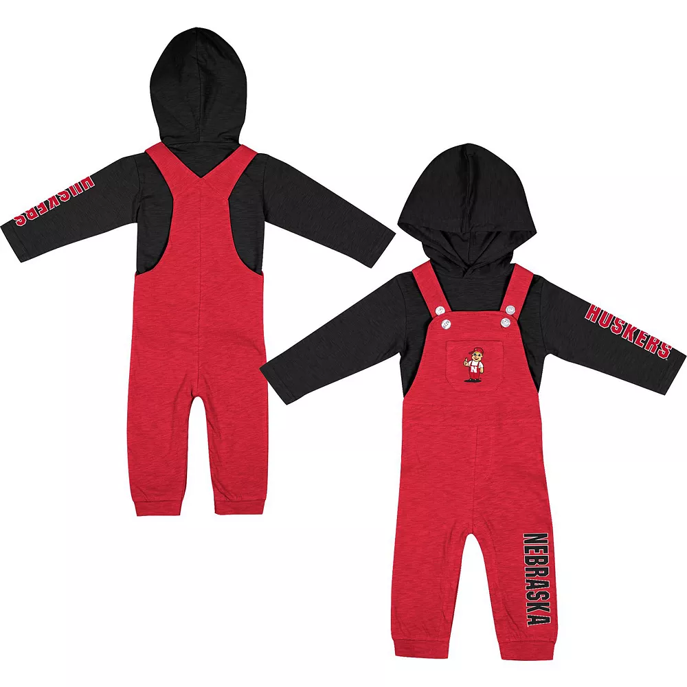 Newborn & Infant Colosseum Heathered Scarlet/Heathered Black Nebraska Huskers Chim-Chim Long Sleeve Hoodie T-Shirt & Overall Set - Image 2