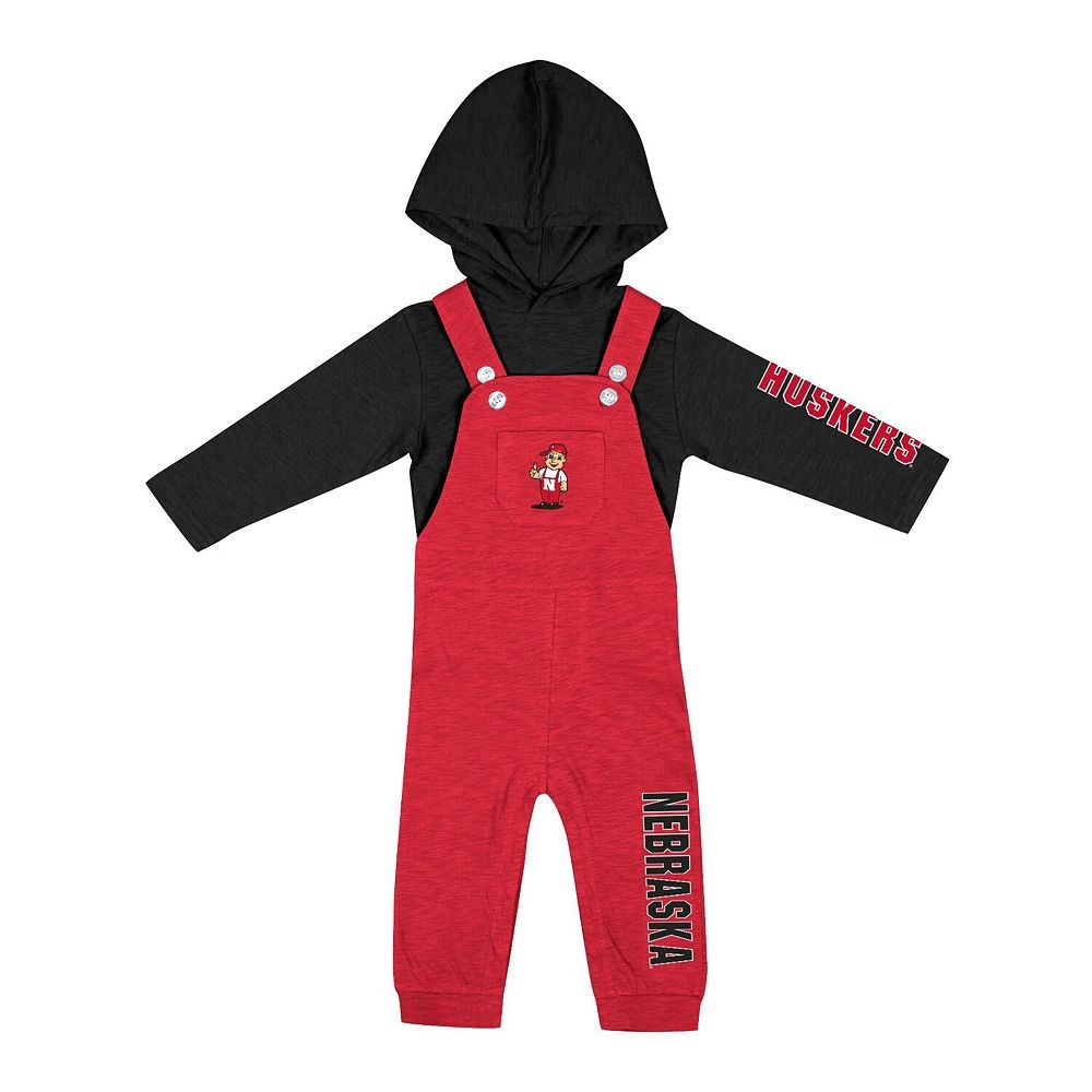Newborn & Infant Colosseum Heathered Scarlet/Heathered Black Nebraska Huskers Chim-Chim Long Sleeve Hoodie T-Shirt & Overall Set - Image 3