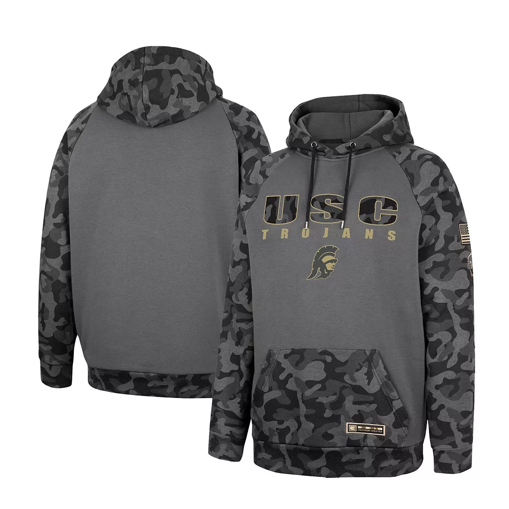 Men's Colosseum Charcoal USC Trojans OHT Military Appreciation Camo Stack Raglan Pullover Hoodie