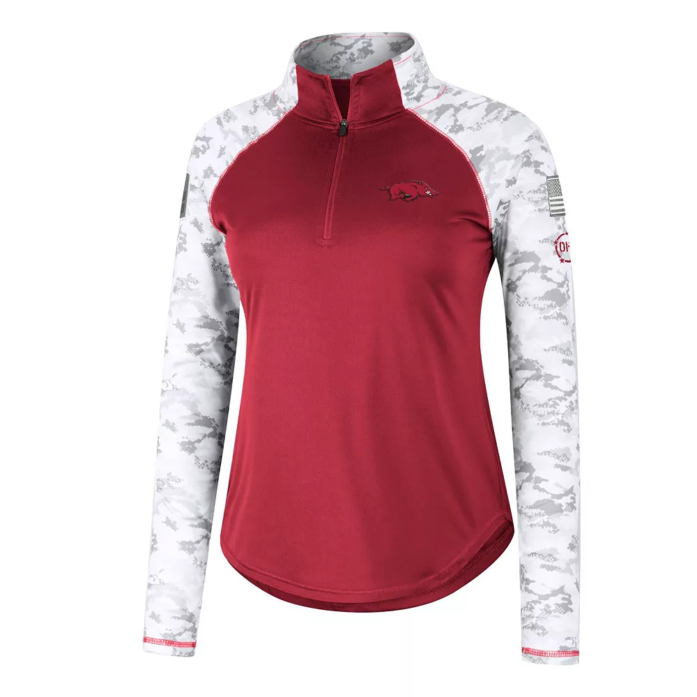 Women's Colosseum Cardinal Arkansas Razorbacks OHT Military Appreciation Flash Arctic Camo Raglan Quarter-Zip Jacket - Image 3